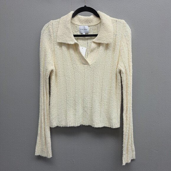 Pink Rose Sweater Womens Large Ivory Collared V Neck Rib Knit Pullover PF1S24771 - Picture 1 of 11